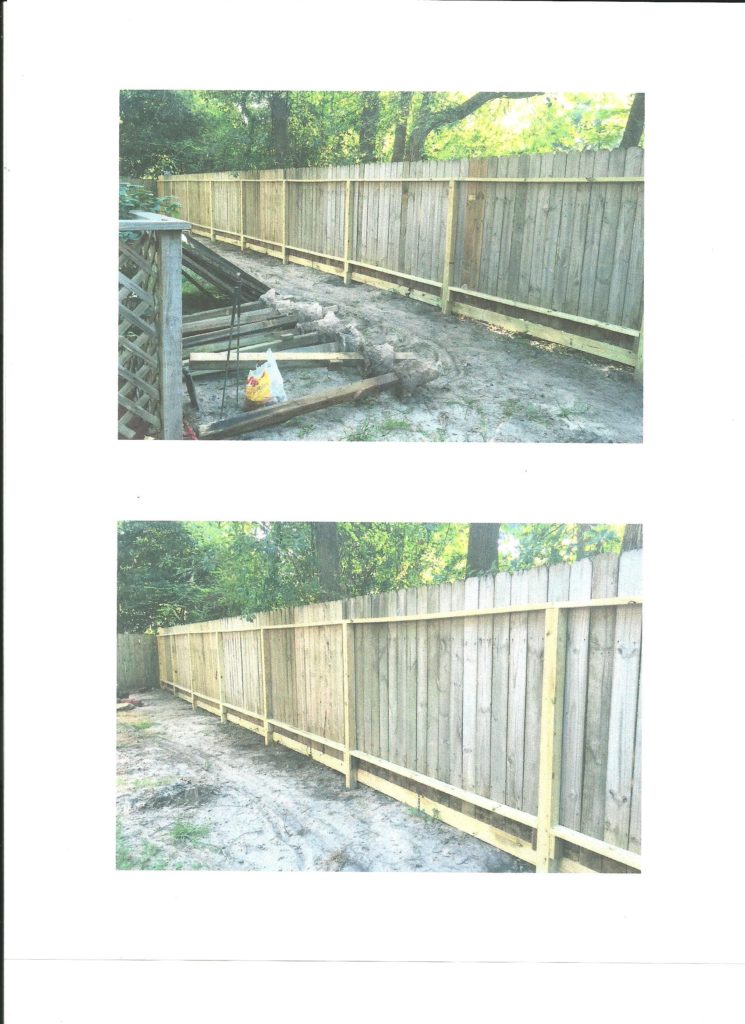 Replaced posts. Installed top and bottom runners with a 6 inch rot board. Combination of new and old fence boards to complete project, on a budget.